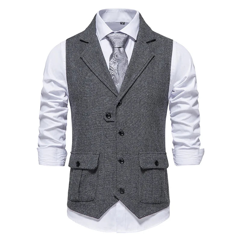 Tailored Collar Vest for Men Single Breasted Herringbone Tweed Suit Vest Mens Formal Striped Waistcoat Punk Groomsmen Wedding