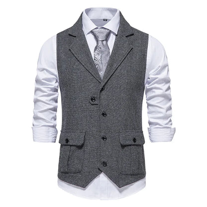 Tailored Collar Vest for Men Single Breasted Herringbone Tweed Suit Vest Mens Formal Striped Waistcoat Punk Groomsmen Wedding