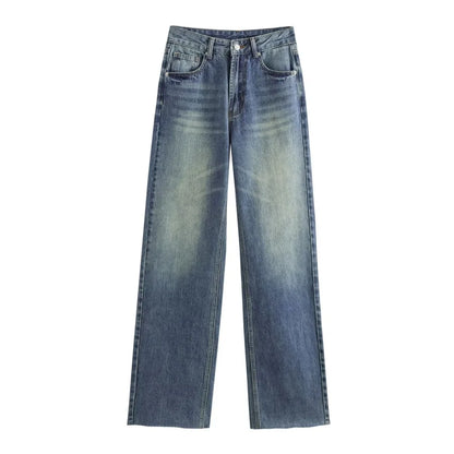 Wide-leg high-waisted jeans  women's classic everything with five pockets washed soft comfortable ultra-long jeans6045022