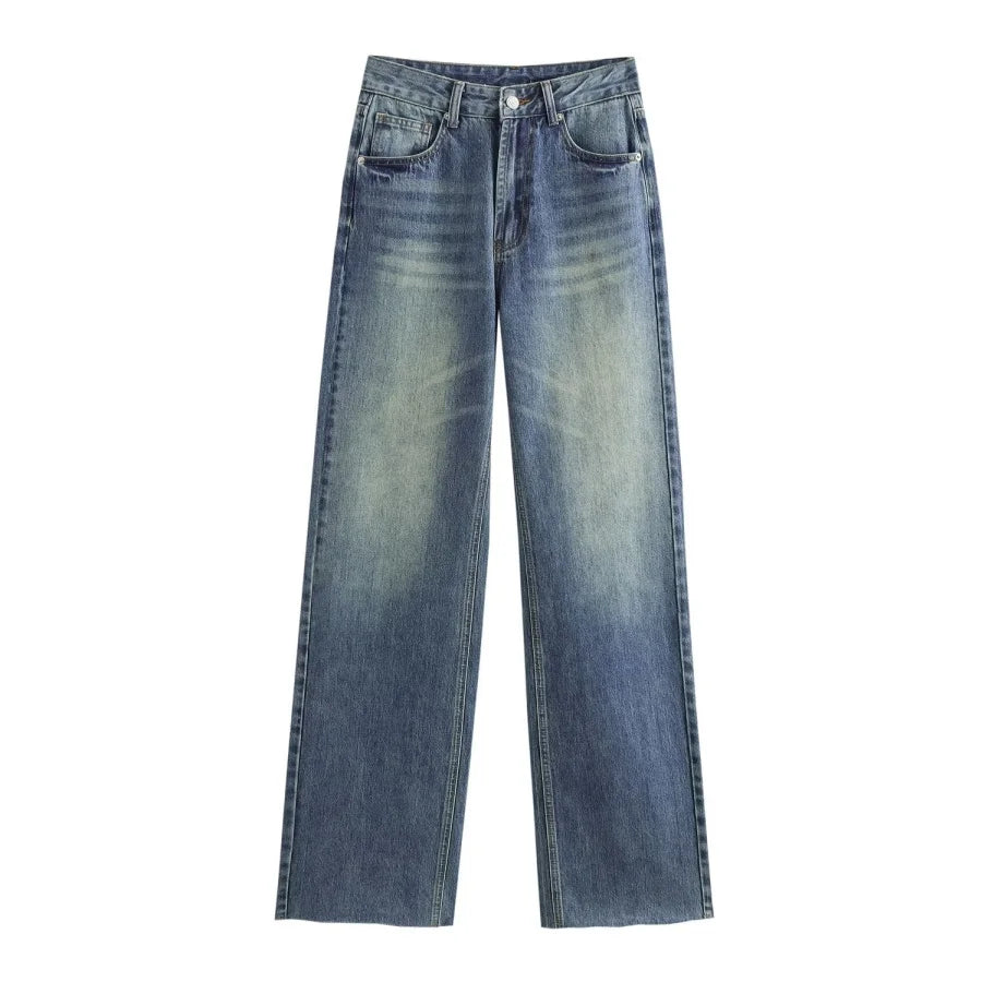 Wide-leg high-waisted jeans  women's classic everything with five pockets washed soft comfortable ultra-long jeans6045022