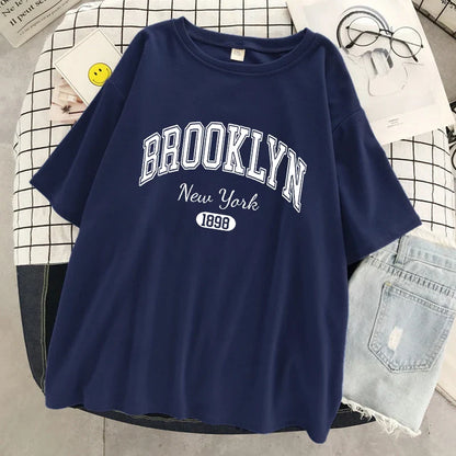 Brooklyn New York 1898 City Letter Print Female T-Shirt Street Breathable Tops Oversized Clothes Comfortable O-Neck Short Sleeve