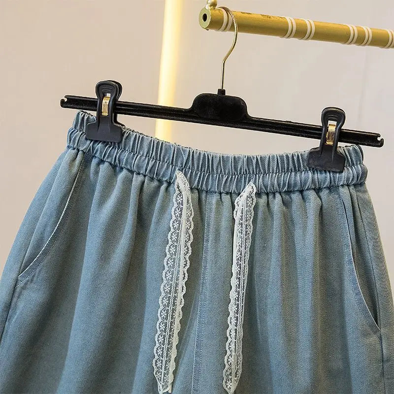 Women's High Waist Denim Shorts Summer Casual Loose Wide Leg with Lace Edging Five Points Trousers