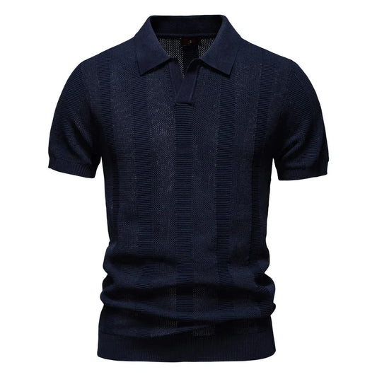 2025 Men's Solid & Striped Mesh Polo Shirt - Breathable Knit Casual Top with Turn-Down Collar