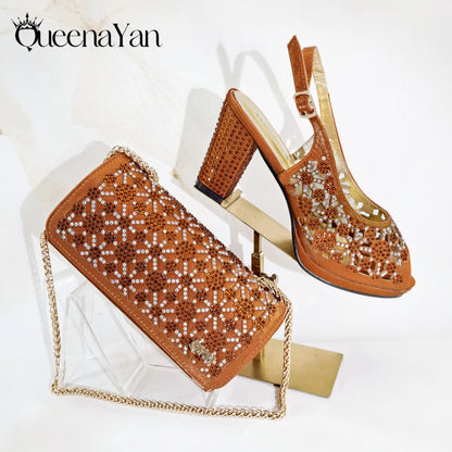 2025 New Rhinestone Design African-Inspired Shoe and Bag Set Olive Toe-Exposing Comfortable Women's High Heels Trending on INS