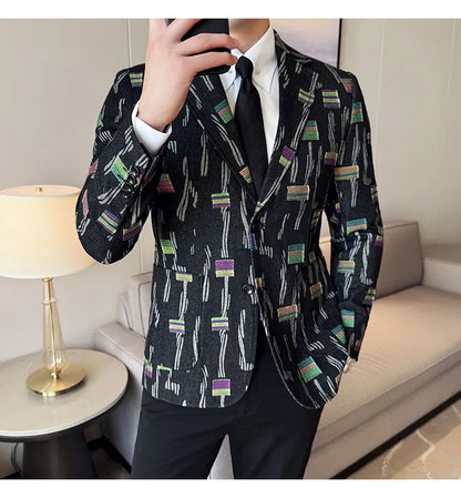 2025 New Luxury Denim Jacquard Suit Coats Men Fashion Slim Fit Suit Casual Business Party Coat Uniform Wedding Social Tailcoat