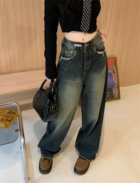 Women's New High-waisted Slimming Straight-leg Loose-fit Vintage American Style Casual Jeans Bell Bottoms For Women