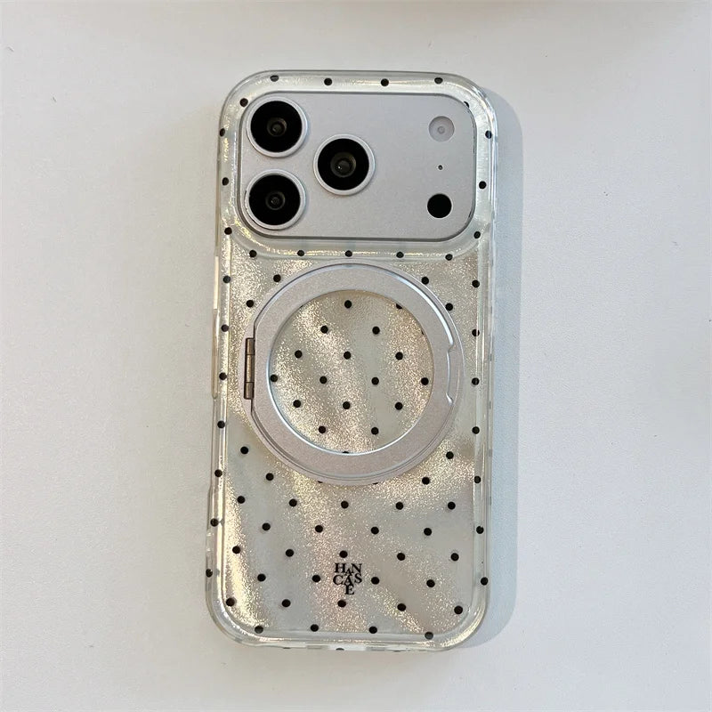 Luxury Polka Dot Ring Stand Holographic Phone Case For iPhone 15 16 17 Pro Max Shockproof Protective Cover