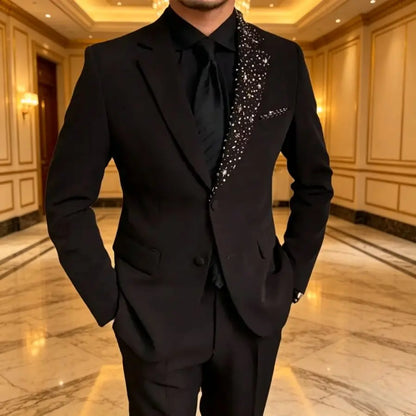 Luxury Formal Wedding Tuxedo with Beads Details 2 Pieces Slim Fit Men Suits for Groom Prom Party Blazer Jacket Pants Set Outfit