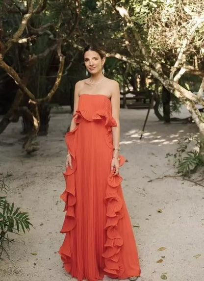 Trendy Women Summer Holiday Dress Orange Pleated Chiffon Long Formal Dresses Custom Made Ruffled Strapless Beach Party Dress