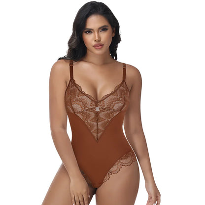 Womens Deep V Neck Bodysuit Sexy Lace Body Shaper Shapewear Slimming Thong Tummy Control Corset Breathable Brief Soft Underwear