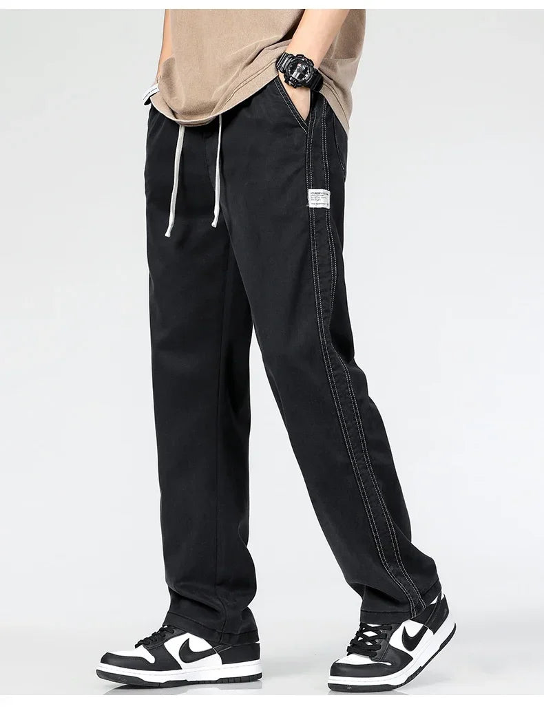 Summer Thin Loose Wide-leg Men Jeans Soft Lyocell Elastic Fashion Casual Straight Drawstring Denim Trousers Black Blue Gray