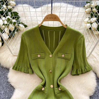 Brand Fashion Vintage Knitted Long Dress Spring Summer Women Elegant V-neck Ruffled Bodycon Sweater Dress Party Vestido
