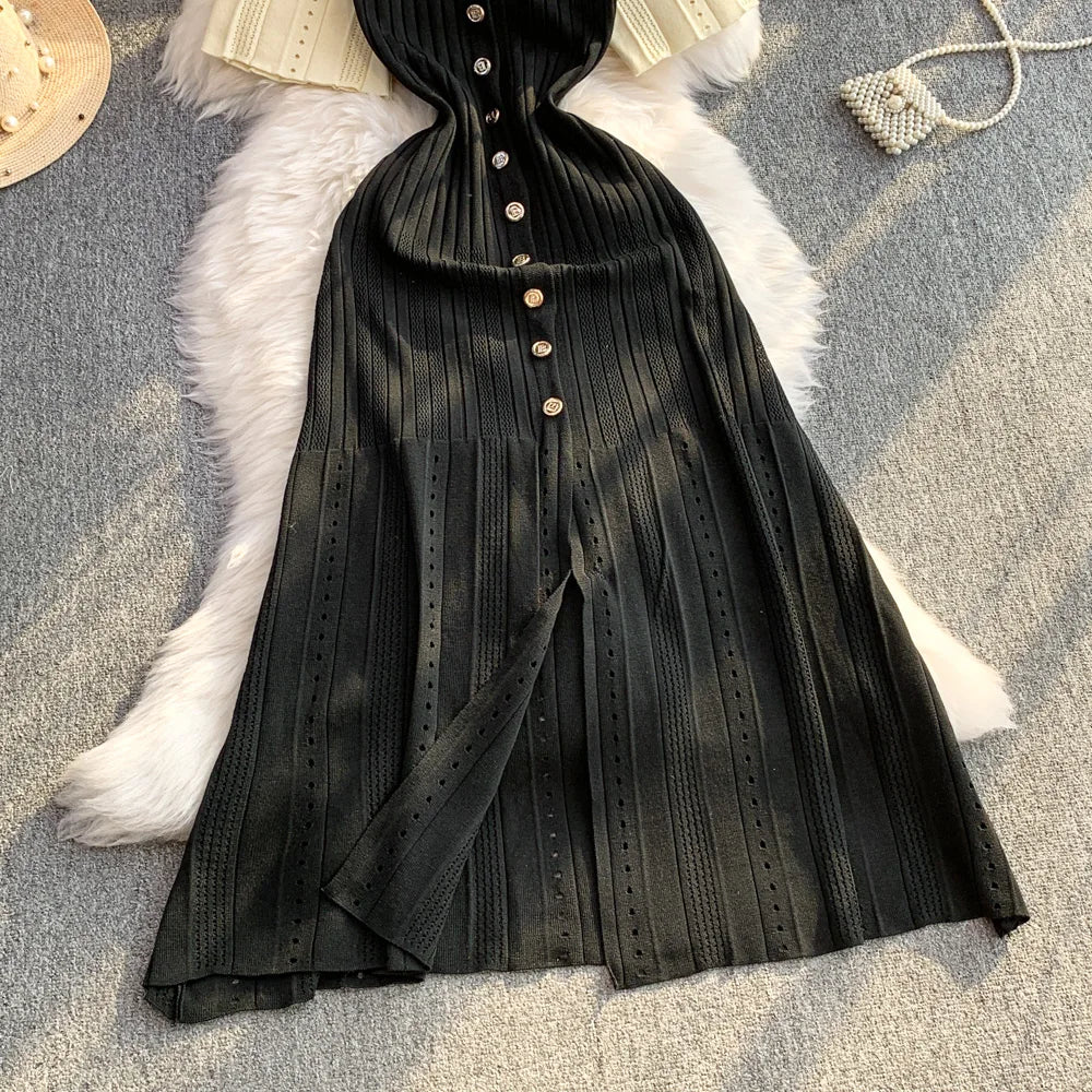 Women Dress 2026 Spring and Summer Elegant Patchwork One-Piece Knitted Maxi Dress Office Lady Slim Waist Sweater Dress