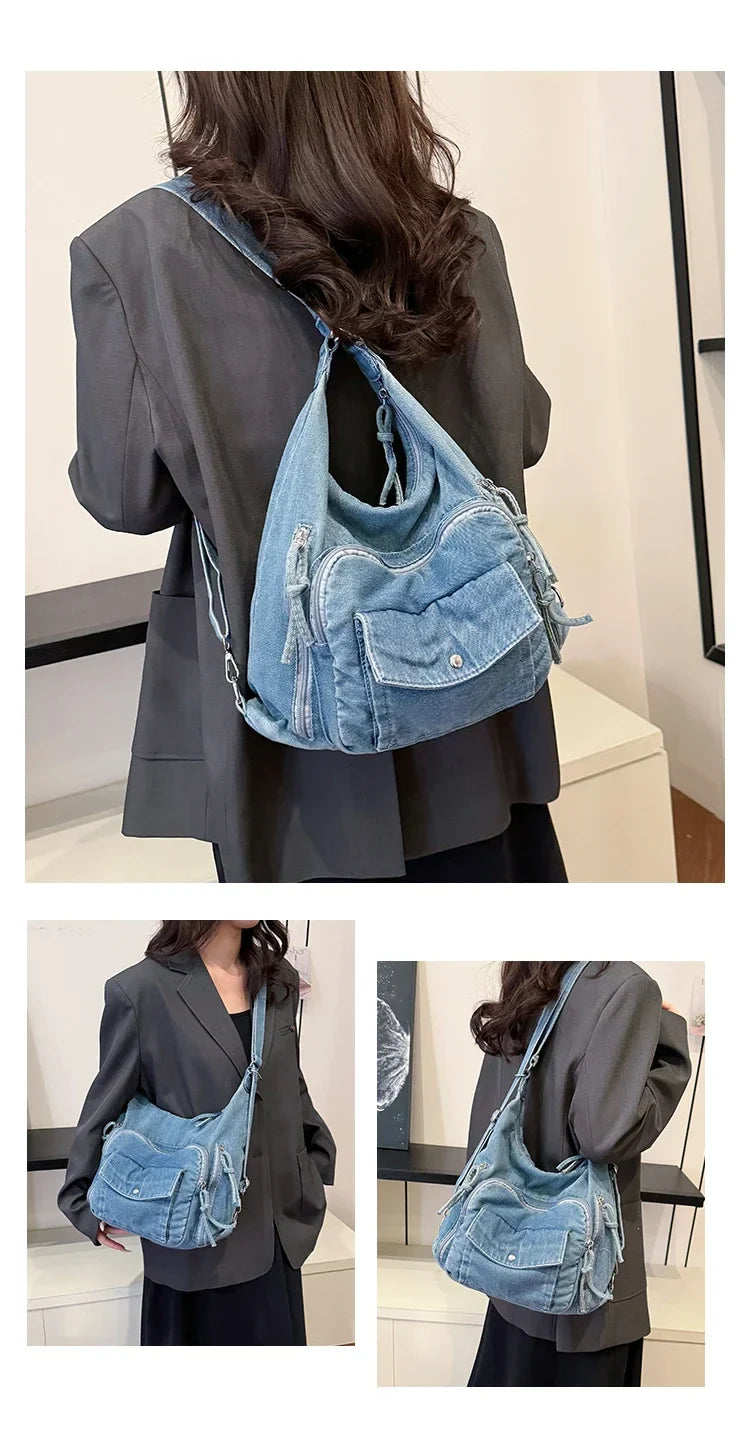 Solid Color Denim Trendy Shoulder Bag for 2025 High Quality Fashion Zipper Large Capacity Versatile Women's Crossbody Bag