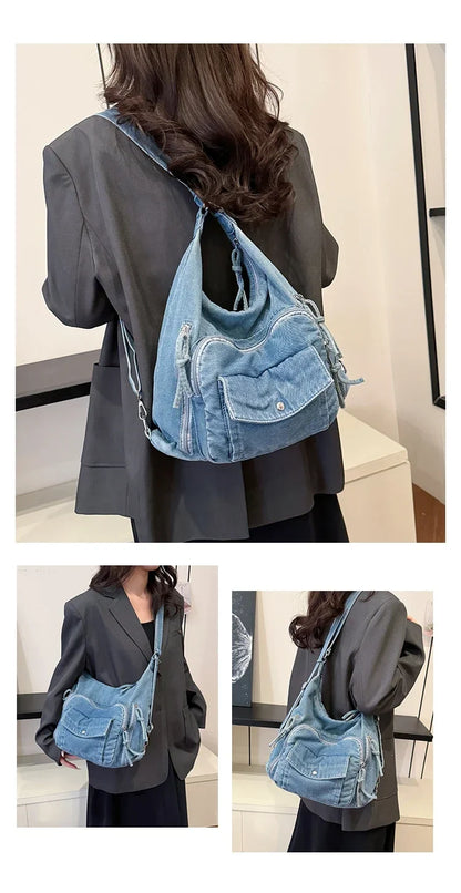 Solid Color Denim Trendy Shoulder Bag for 2025 High Quality Fashion Zipper Large Capacity Versatile Women's Crossbody Bag