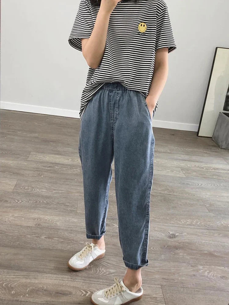 Summer Plus Size Jeans Woman Casual Loose Baggy Denim Harem Pants Elastic Waist Thin Cotton Mom Jeans Women Ankle-Length Slacks