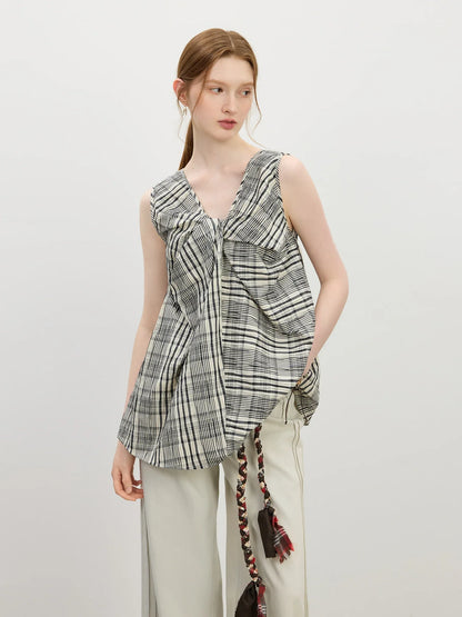 Korean Style Twisted Sleeveless Shirt Female 2025 Summer New V-neck Slim Cotton Pink Top 25FS12743