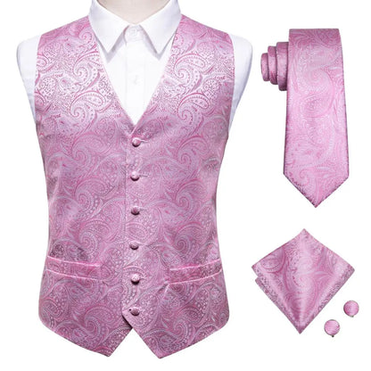 Mens Vests Tie Sets V-Neck Grey Red Purple Blue Green Pink Black Waistcoat Hanky Cufflinks Wedding Business Designer