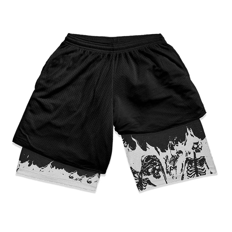 Print 2 in 1 Running Shorts for Men Gym Workout Fitness Athletic Shorts with Pockets Summer Activewear Quick Dry Stretch