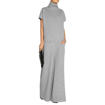 Women's Solid Color High Neck Pockets Elegant Maxi Dresses 2026 New Summer Short Sleeves Loose Urban Casual Long Dress