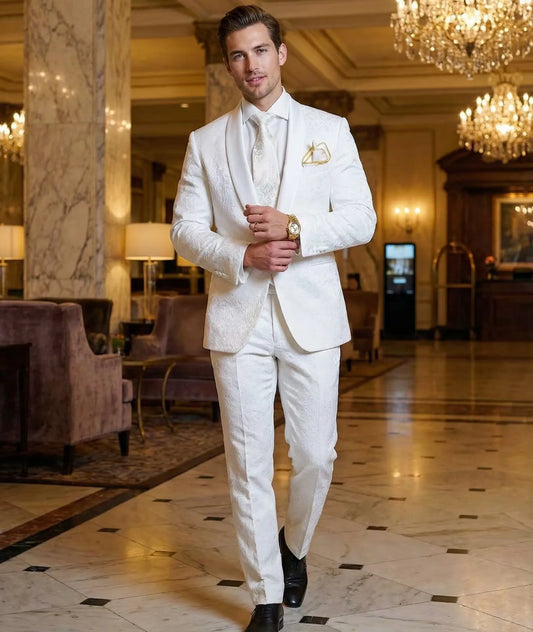 Groomsmen White Pattern Groom Tuxedos Shawl Satin Lapel Men Suits 2 Pieces Wedding Bridegroom