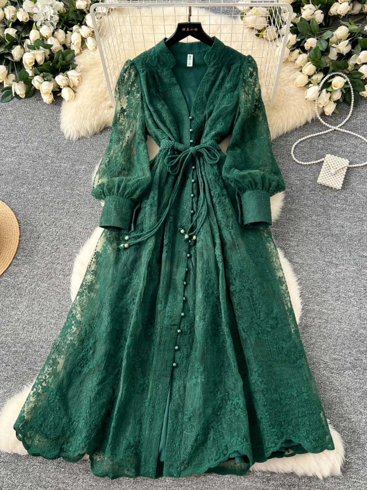 High-End Women's Dress Heavy Embroidery A-Line Long Skirt V-Neck Lantern Sleeve Single Button High Waist Korean Style Commute