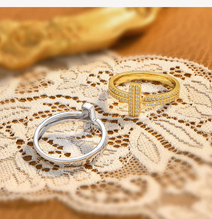 925 Sterling Silver Moissanite T-Bar Ring Double Band Paved Luxury Design Rings for Women Engagement Party Jewelry Gift