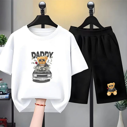 Children Short-sleeved T-shirt+Shorts black Boys Girls Toddler 3-12Yrs Sports Set Summe cool Tshirt Wealthy Bear Clothing