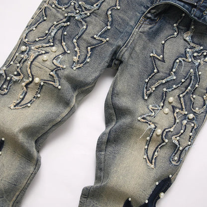 Men's Pearl Boot Cut Denim Jeans Embroidery Patch Slim Flared Pants Casual Streetwear Vintage Blue Trousers
