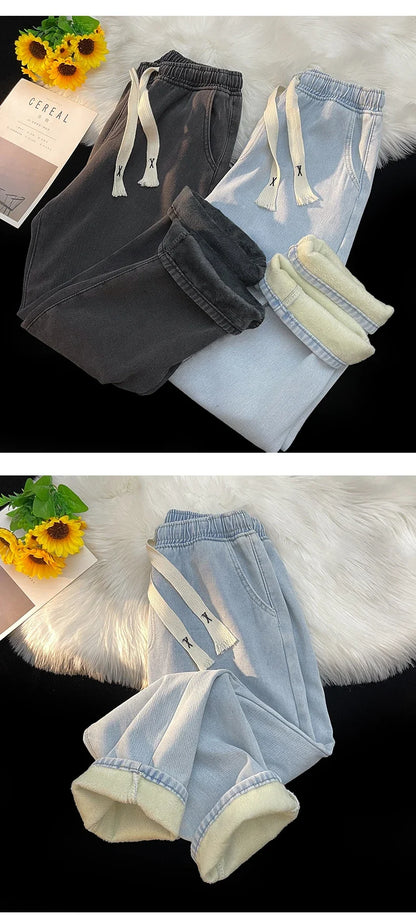 Thick Winter Straight Men's Jeans Fleece Warm Loose Plush Trousers Fashion Casual Wide-leg Plush Denim Pants Male