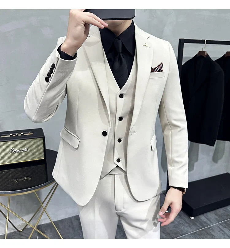 S-7XL Jacket Vest Pants Luxury Elasticity Boutique Fashion Men's Solid Color Casual Business Suit 3-piece Sets Groom Wedding