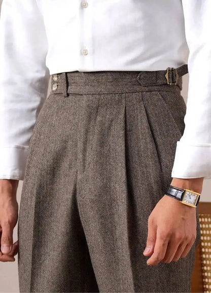 Autumn Herringbone Dress Pants For Men Naples Men's Wool Blend High Waist Social Casual Versatile Long Pants Office Trousers Men