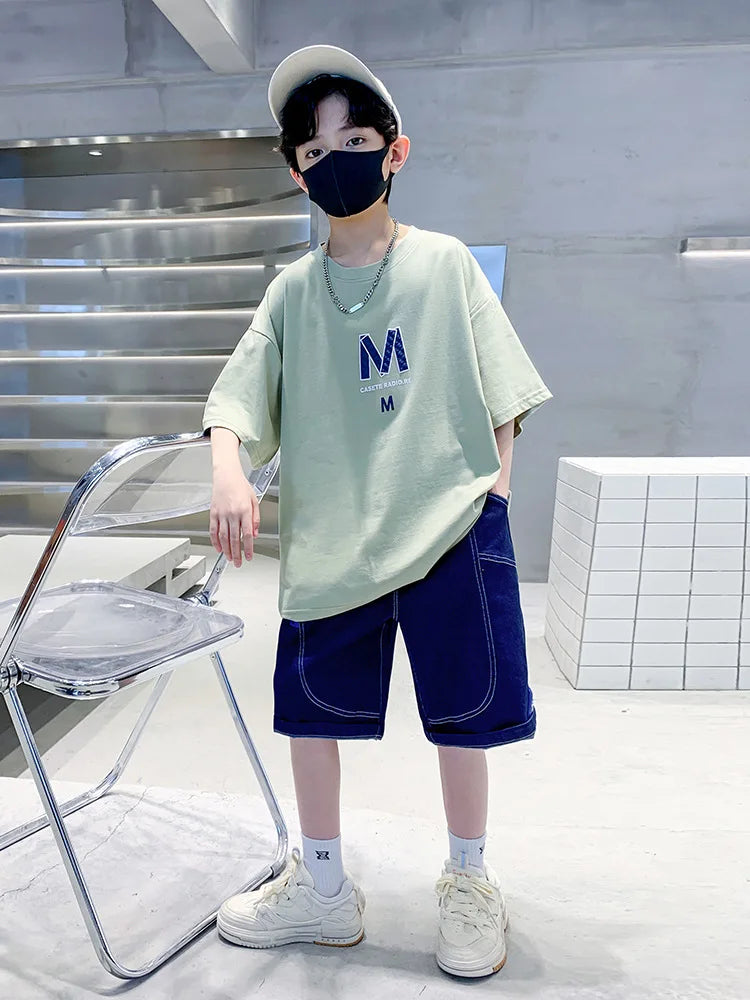 Summer Boys Cotton Leisure Loose Alphabet T-Shirt Top+Jeans Shorts Contrast Set School Kid 2PCS Tracksuit Children Outfit 5-16Yr