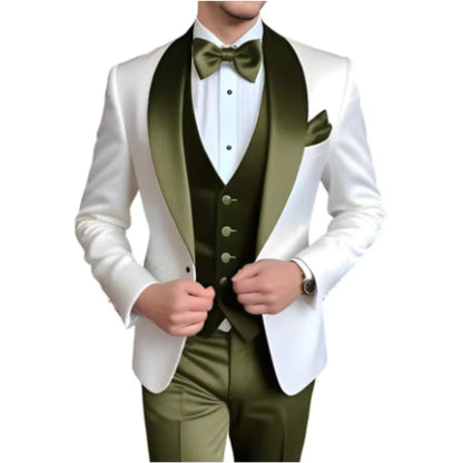 Customized Men's 3 Piece Tuxedo With Scarf Lapel Smoking Suit Wedding Groomsmen Formal Party Blazer Terno Masculino