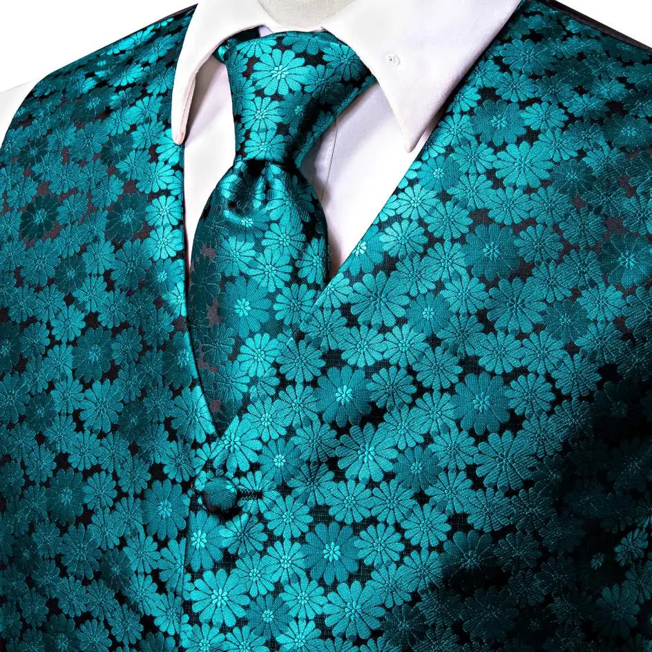 Silk Mens Vests Sleeveless Waist Jacket Jacquard Black Orange Floral Waistcoat Tie Hanky Cufflinks Set for Men Casual XXL