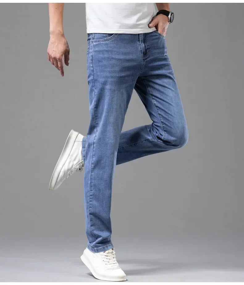 Summer Brand Men's Fit Straight Lightweight Cotton Stretch Jeans Business Casual High Waist Thin Light Grey Jeans mens pants