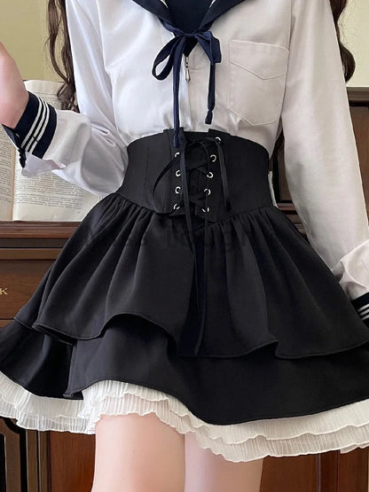 Japanese Bow Lolita Style Kawaii Skirts Women Black Ruffles Cute Mini Skirt Female Korean Fashion High Waist Princess Skirt 2023