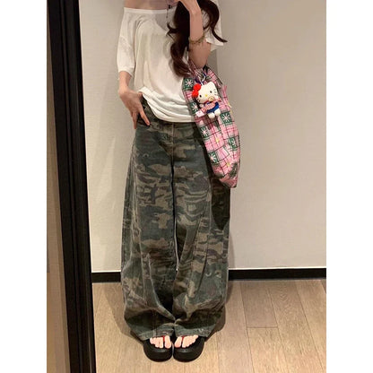 Womens Military Green Jeans High Waist Vintage Straight Baggy Hip Hop American Fashion Wide Leg Denim Trouser Y2K Denim Pants