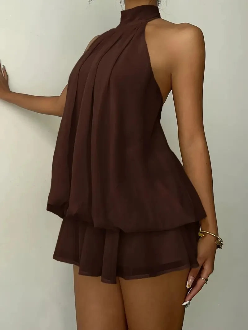 Women's Halter Neck Dress, Backless Tie-Front Chiffon Sheer Mini Skirt, Fashionable Sexy Y2K Vintage Cute Party Birthday Dress