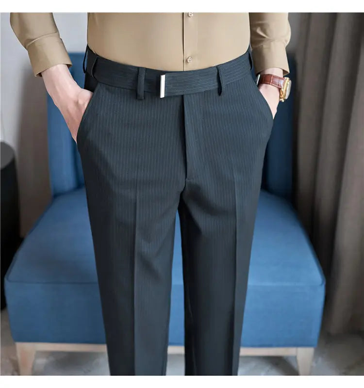 High Quality Hidden Elastic Waistband Metal Decorative Design Casual Pants Fashion Striped Slim Fit Office Social Men's Trousers