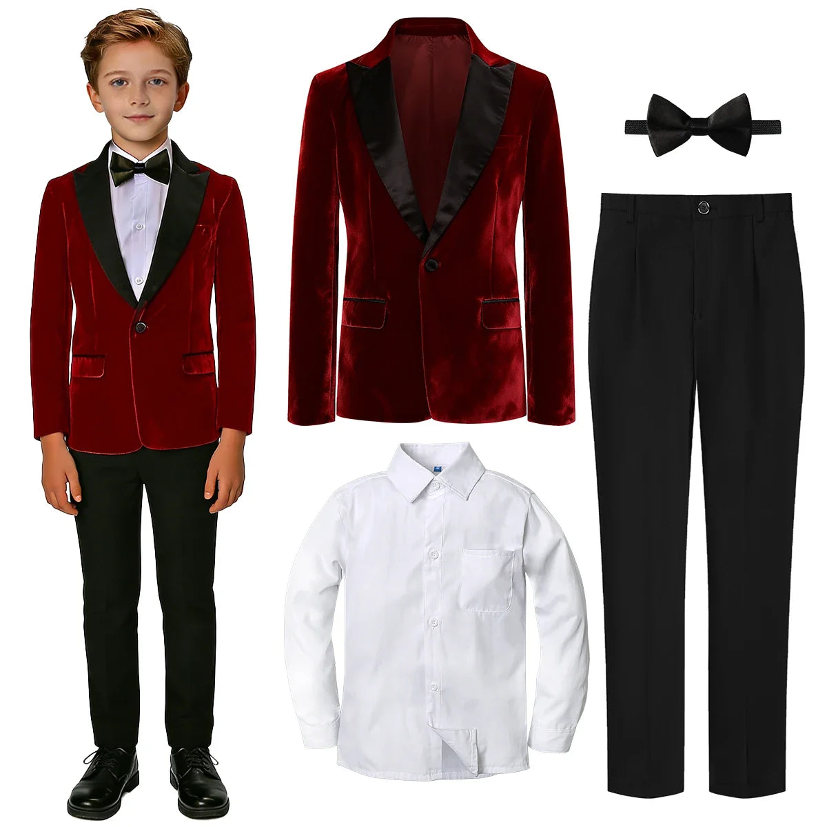 Boys Tuxedo Velvet Blazer Kids Suit Red Christmas New Year Party Gift Clothes Fromal Black  Xmas Birthday Wedding Outifit