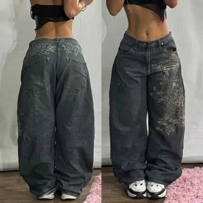 2025 Fashion New Oversized Pattern Printing Baggy Jeans Men Y2K Street Vintage Rock Casual Straight High Waist Wide Leg Trousers