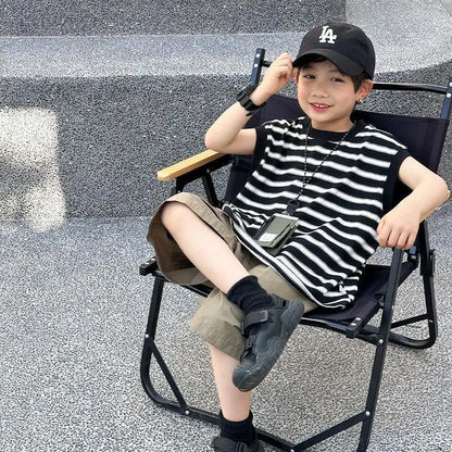 Striped Sleeveless Vest Children Clothing Top and Bottom Clothing Set Fashion 8 14 Years Children's Suit for Boy Clothes Outdoor