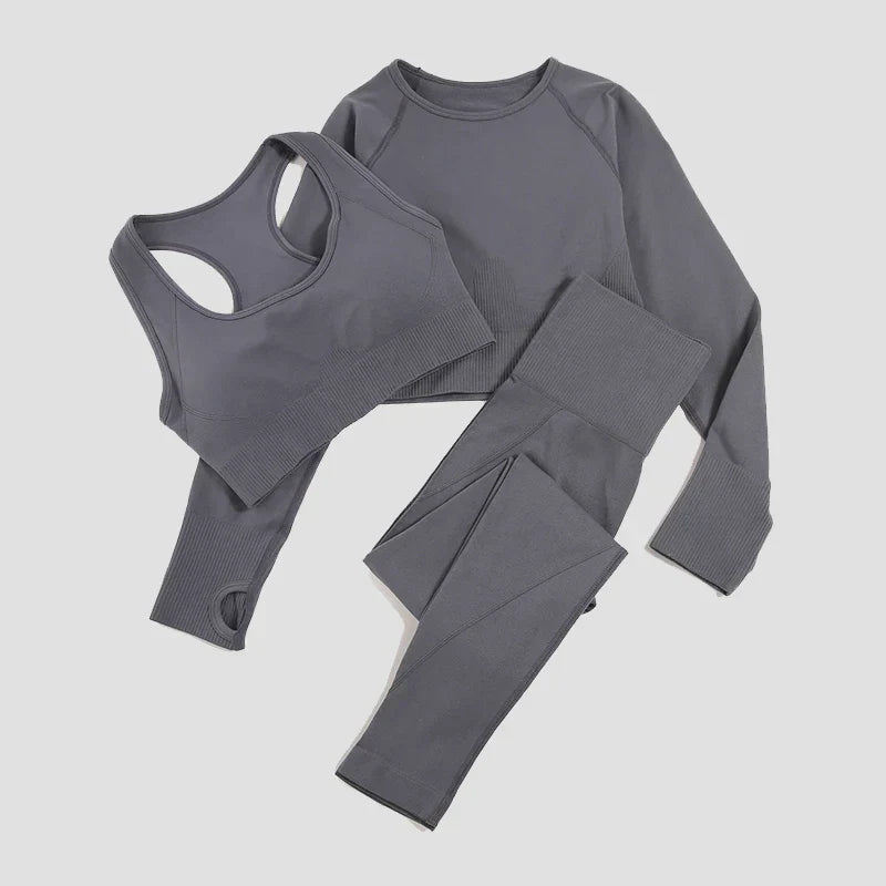 2/3Pcs Women Seamless Fitness Yoga Suit Workout Long Sleeve Crop Top Shirt Sports Bra High Waist Running Leggings Gym Clothing