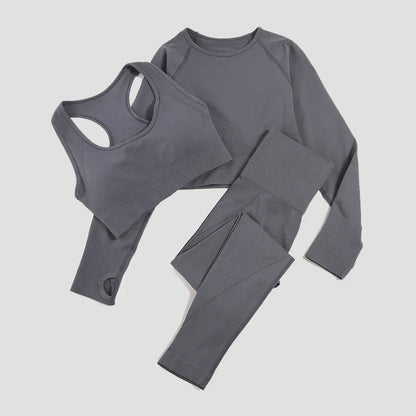 2/3Pcs Women Seamless Fitness Yoga Suit Workout Long Sleeve Crop Top Shirt Sports Bra High Waist Running Leggings Gym Clothing