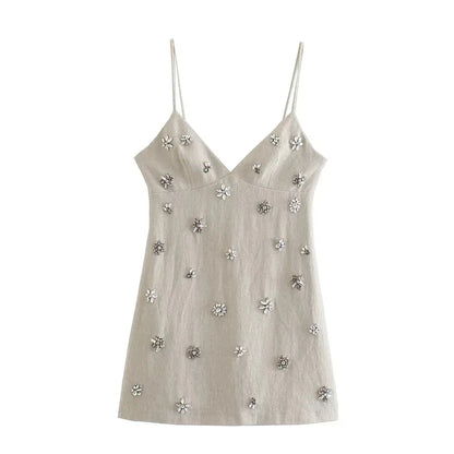Women Chic Fashion Sleeveless Lnlay Mini Dress Vintage Thin Straps Summer Female Dresses Vestidos Mujer