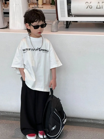 Red Cotton T-Shirt for Tween Boys Girls Loose Fitting Trendy Unisex Summer Top with Embroidered Letters Youthful Casual Wear