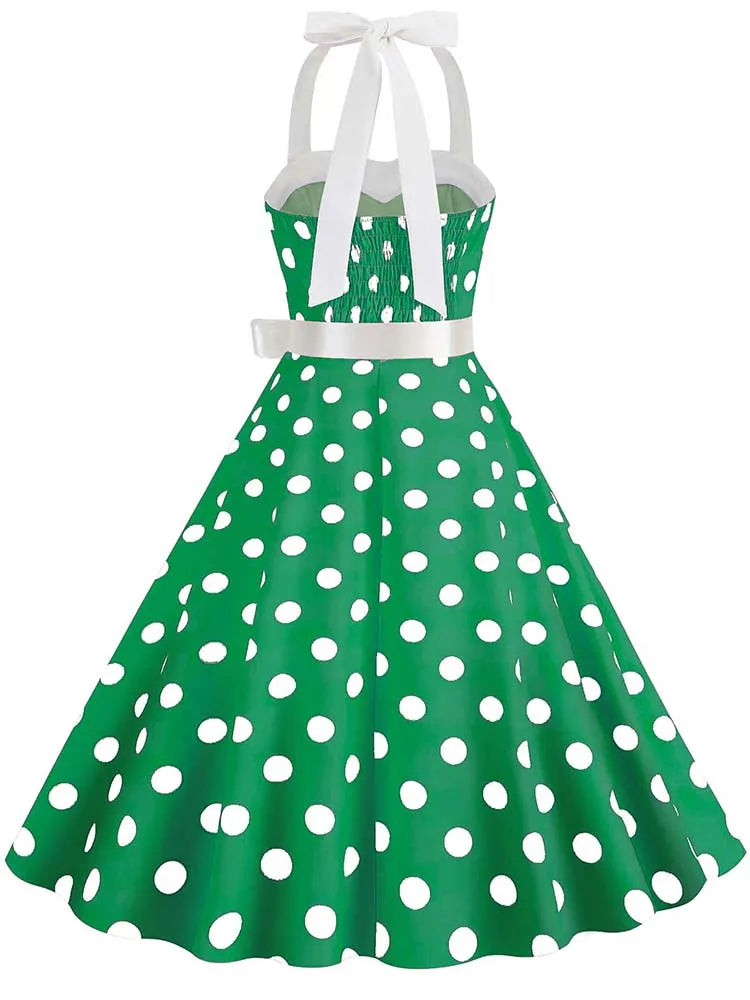 Women Summer Party Dress With Belt Polka Dot Print Halter Hepburn Robe 50s 60s Vintage Dresses
