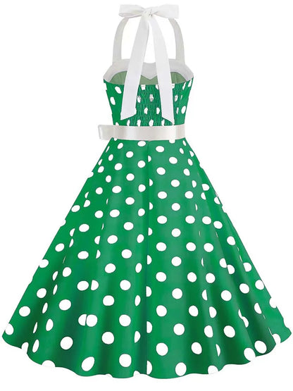 Women Summer Party Dress With Belt Polka Dot Print Halter Hepburn Robe 50s 60s Vintage Dresses
