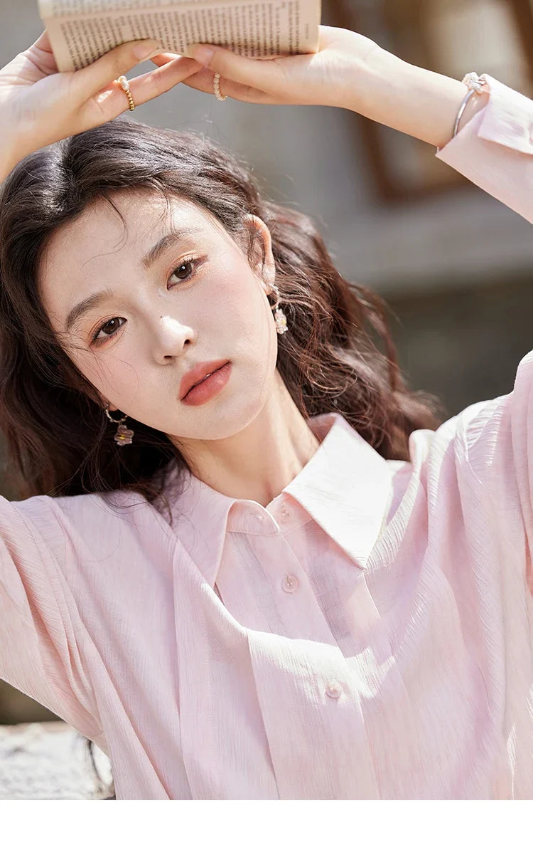Solid Loose Fit Shirt for Women Spring 2025 Dropped Shoulder Long Sleeved  Top Casual Turn-down Collar Shirts MXE13C0405